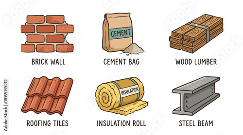 Construction and building materials icon set with bricks cement wood and industrial elements