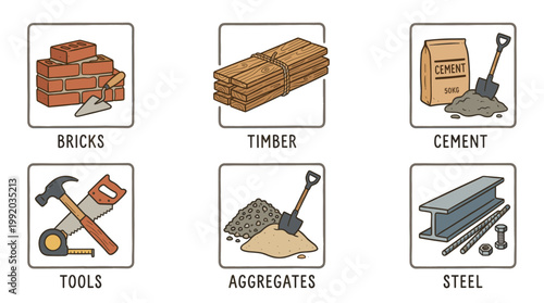 Construction and building materials icon set with bricks cement wood and industrial elements