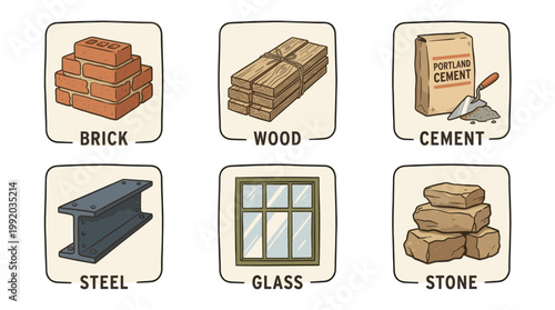 Construction and building materials icon set with bricks cement wood and industrial elements