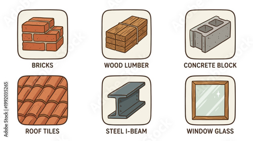 Construction and building materials icon set with bricks cement wood and industrial elements