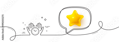 Safe time line icon. Continuous line with 3d star. Clock sign. Hold watch symbol. 3d star in speech bubble. Safe time single line ribbon. Loop curve pattern. Vector