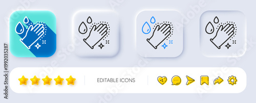 Washing hands line icon. Neumorphic, Flat shadow, 3d buttons. Sanitary cleaning sign. Clean gloves symbol. Line washing hands icon. Social media icons. Vector