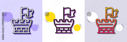 Tower line icon. Halftone dotted pattern. Gradient icon with grain shadow. Castle flag sign. Safe defence symbol. Line shield icon. Various designs. Vector