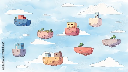 浮遊する島と小さな街のイラスト 空中都市の可愛いファンタジー背景