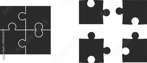 Four puzzle pieces separated and assembled, vector illustration