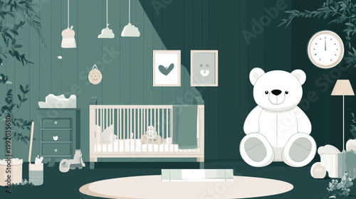 A soothing, digitally crafted nursery with a bear, crib, clock, and charming decor
