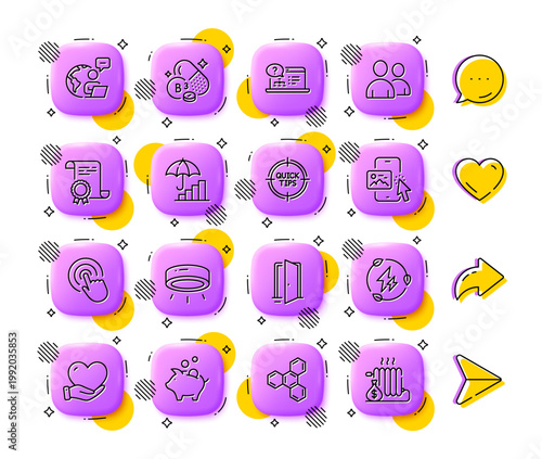 Piggy bank, Volunteer and Inflation line icons. App 3d buttons. Social media comment, share, like icons. Pack of Tips, Phone image, Led lamp icon. Vector