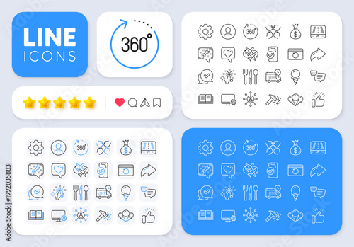 Education, Ice cream and 360 degrees line icons for web app. Message, Share, Like social media icons. Pack of Heart, Headshot, Networking pictogram icons. Food, Spanner, Gps signs. Vector