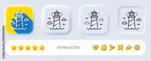 Lighthouse line icon. Neumorphic, Flat shadow, 3d buttons. Beacon tower sign. Searchlight building symbol. Line lighthouse icon. Social media icons. Vector