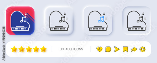 Piano line icon. Neumorphic, Flat shadow, 3d buttons. Musical instrument sign. Music note symbol. Line piano icon. Social media icons. Vector