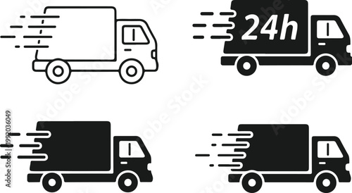 Set of delivery truck icons with speed lines, fast shipping concept