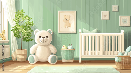 A cozy, whimsical nursery scene featuring a large teddy bear, a crib, and a potted plant