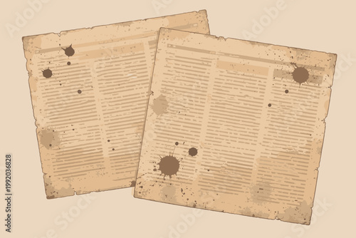 Two Vintage Aged Newspaper Pages with Faded Text and Scattered Ink Blots. Old Paper Texture Background for Retro Design, History, Journalism, and Antique Ephemera Flat Vector Illustration.