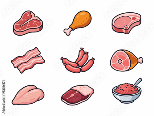 ​Raw Meat and Poultry Icons Set, Butcher Shop Product Illustrations in Flat Style
