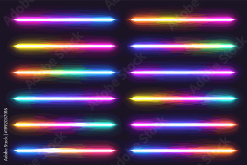 Bright Gradient Neon Tube Lamp Set, Iridescent LED Light Line Beam Collection, Shiny Luminous Fluorescent Sticks with Colorful Glow, Futuristic Cyberpunk Design Elements for Banner or Background.