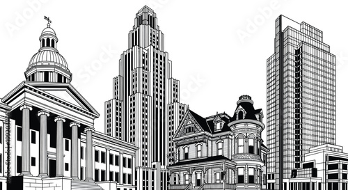 A black and white illustration of a city skyline with historic and modern buildings