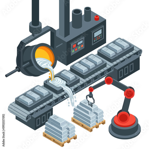 Isometric Metal Casting Process with Conveyor Belt and Robotic Arm.