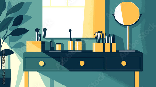 Flat illustration of a vanity with makeup, mirror, and decorative plant in a soothing, blue-green room
