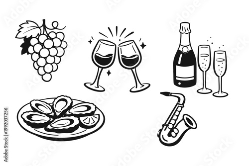 Hand-drawn vector sketch of festive celebration elements including a bunch of grapes, clinking wine glasses, champagne bottle with flutes, fresh oysters on a plate, and a jazz saxophone icon