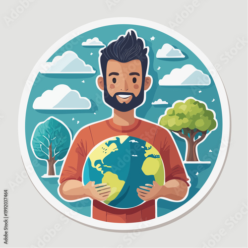 Man holding Earth, surrounded by nature and clouds