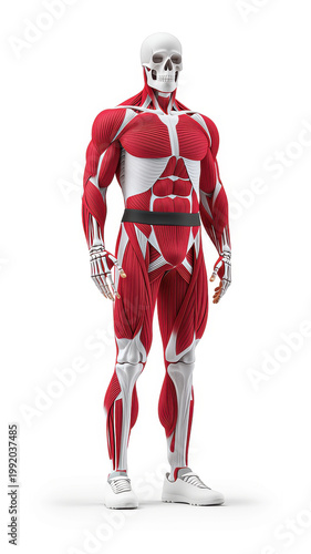 Human muscular system anatomy illustration front view showing detailed red muscle structure white skeleton athletic male figure isolated on white background educational scientific healthy body