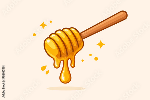 Honey Dipper Stick Dripping Sweet Golden Liquid Vector Illustration. Simple Flat Abstract Design of Organic Natural Bee Honey Drip for Food Packaging, Healthy Breakfast, and Sweetener Icon.