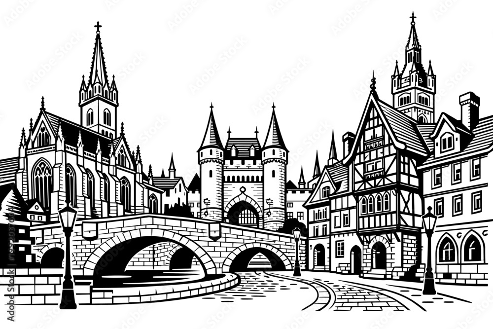 Obraz premium Historic European architecture in detailed black and white line art featuring a Gothic church, stone bridge, medieval gate towers, and traditional half-timbered houses in an old town square.
