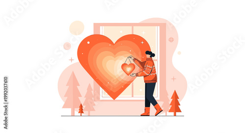 Woman Decorating Window with Glowing Heart Lantern, Winter Scene