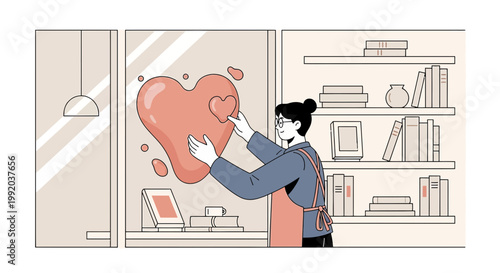 Woman Decorating Window with Large Pink Heart, Creative Design Concept