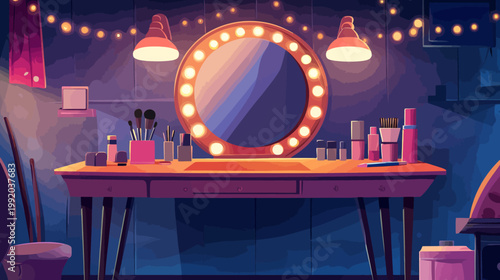 A cartoon dressing room scene with lit makeup mirror, table, cosmetics, and soft lighting