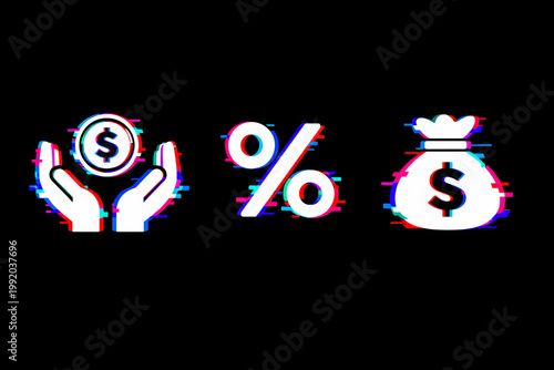 Vector set of monetary icons with digital glitch effect featuring hands holding a dollar coin, percentage sign, and money bag, finance and investment concept for modern business design.