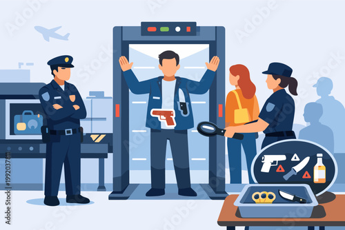 Secure gateway scanning for weapons and prohibited items at an airport terminal with security officers, body scanner, X-ray machine, and confiscated contraband to ensure passenger safety.