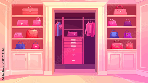 A cartoon image depicting a walk-in closet filled with handbags and clothing