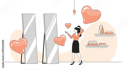Woman admiring herself in mirror, surrounded by floating hearts, self-love concept
