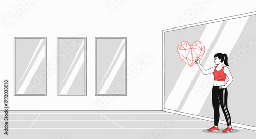 Woman draws geometric heart on mirror, fitness motivation, abstract art, modern gym interior