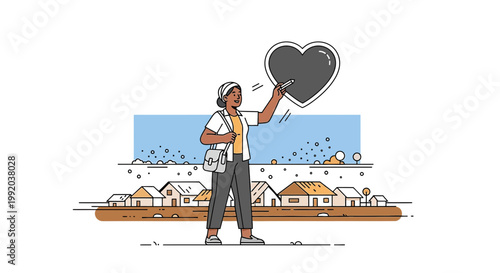 Woman draws heart in sky over village, community love, rural life, connection