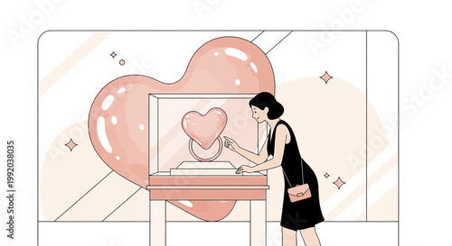Woman Admiring Large Pink Heart Sculpture in Modern Art Gallery Display