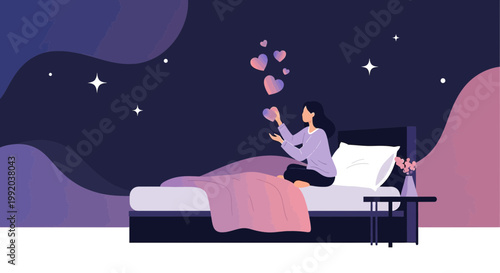 Woman dreaming of love, holding abstract hearts in starry night bedroom
