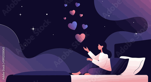Woman dreaming of love, releasing gradient hearts into starry night sky