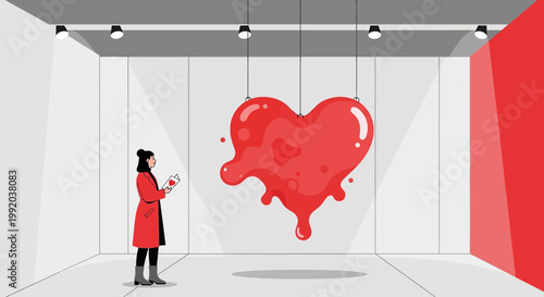 Woman Admiring Large Red Abstract Heart Art Installation in Modern Gallery