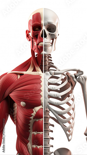 Human anatomy illustration, half muscular system and half skeletal system, detailed educational medical diagram showing muscle and bone structure, isolated on white background