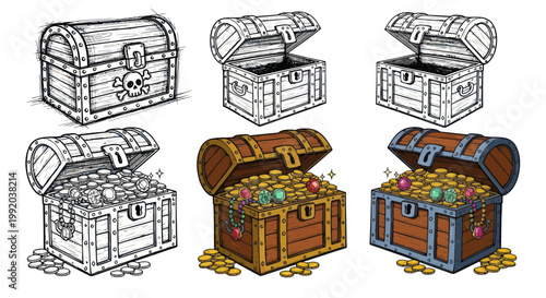 Treasure Chests Collection: Open, Closed, Empty, Full, Sketch and Color Illustrations