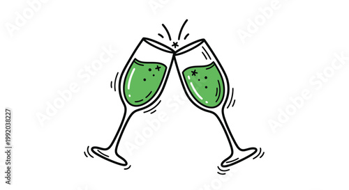 Cheers! Two champagne glasses clinking with green liquid and sparkles, isolated on white