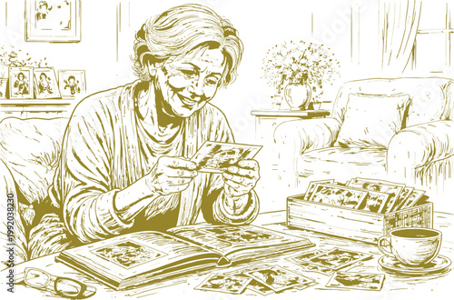 Grandma Browsing Old Photos Cozy Living Room