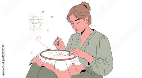 Woman Embroidering Abstract Heart Shapes on Fabric Hoop, Crafting Hobby