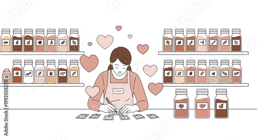 Woman Arranging Spices and Herbs in Jars, Creating a Cozy and Organized Kitchen