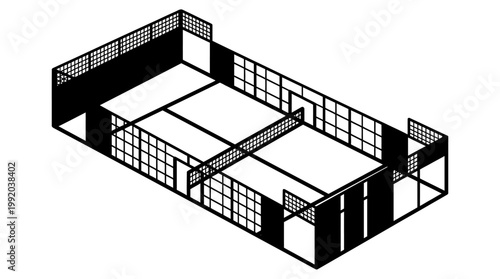 Isometric illustration of a tennis court with net lines and fencing design