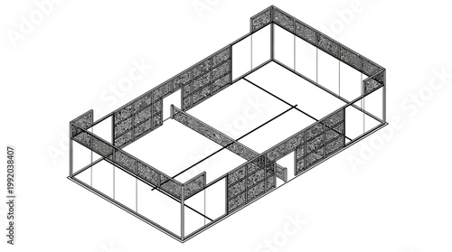 Isometric architectural rendering of an interior space with detailed walls and structure