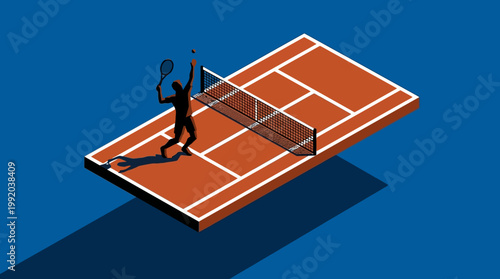 Isometric tennis court silhouette with player in action on blue background