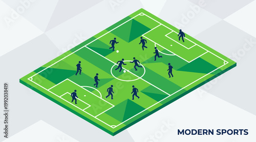 Isometric stadium illustration with playing field and spectators under atmospheric lighting